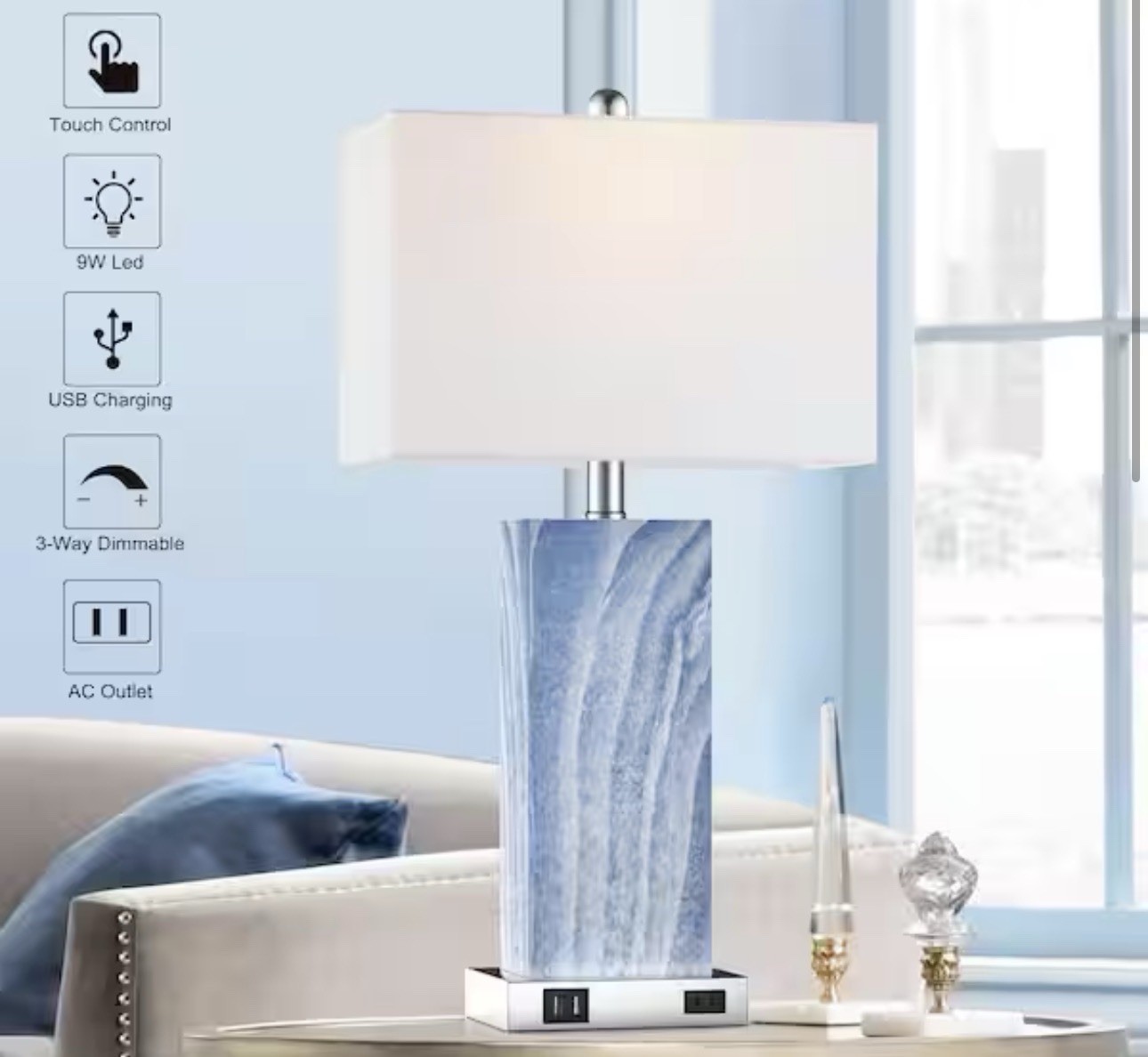 25 In. Blue Touch Control Table Lamps (Set of 2), Bedside Lamp/2-Usb Ports 1-AC gallery