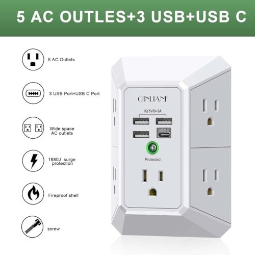 5 Outlet Extender Surge Protector Multi Plug Wall Adapter USB Charger Ports with gallery