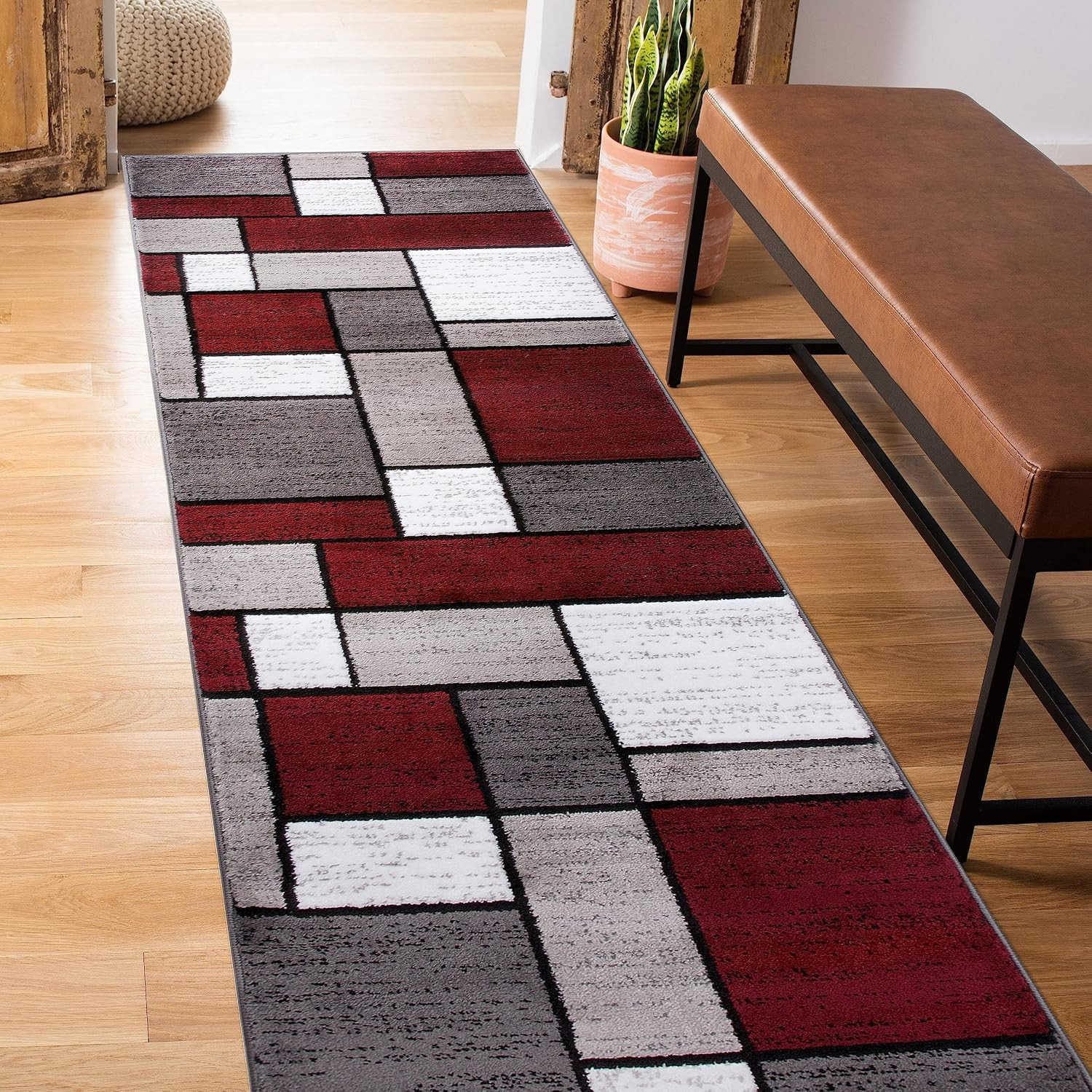 Modern Geometric Boxes Red Area Rug, Carpet with Jute Backing for Hallway, Entry gallery