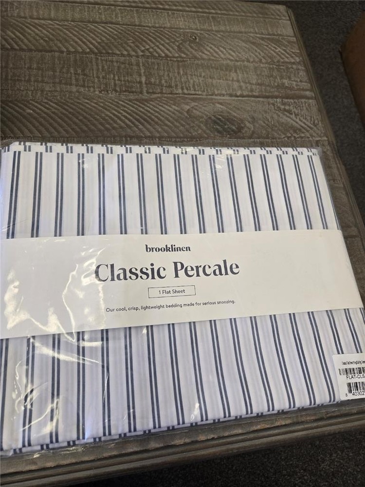 == Brooklinen Flat Sheet Classic Percale CAL King Tandem Stripe in Storm NEW