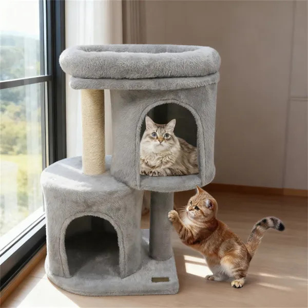 26in Cat Tree Tower w/ 2 Condos Sisal Scratching Posts Anti Tip Cat Condo for Sm gallery