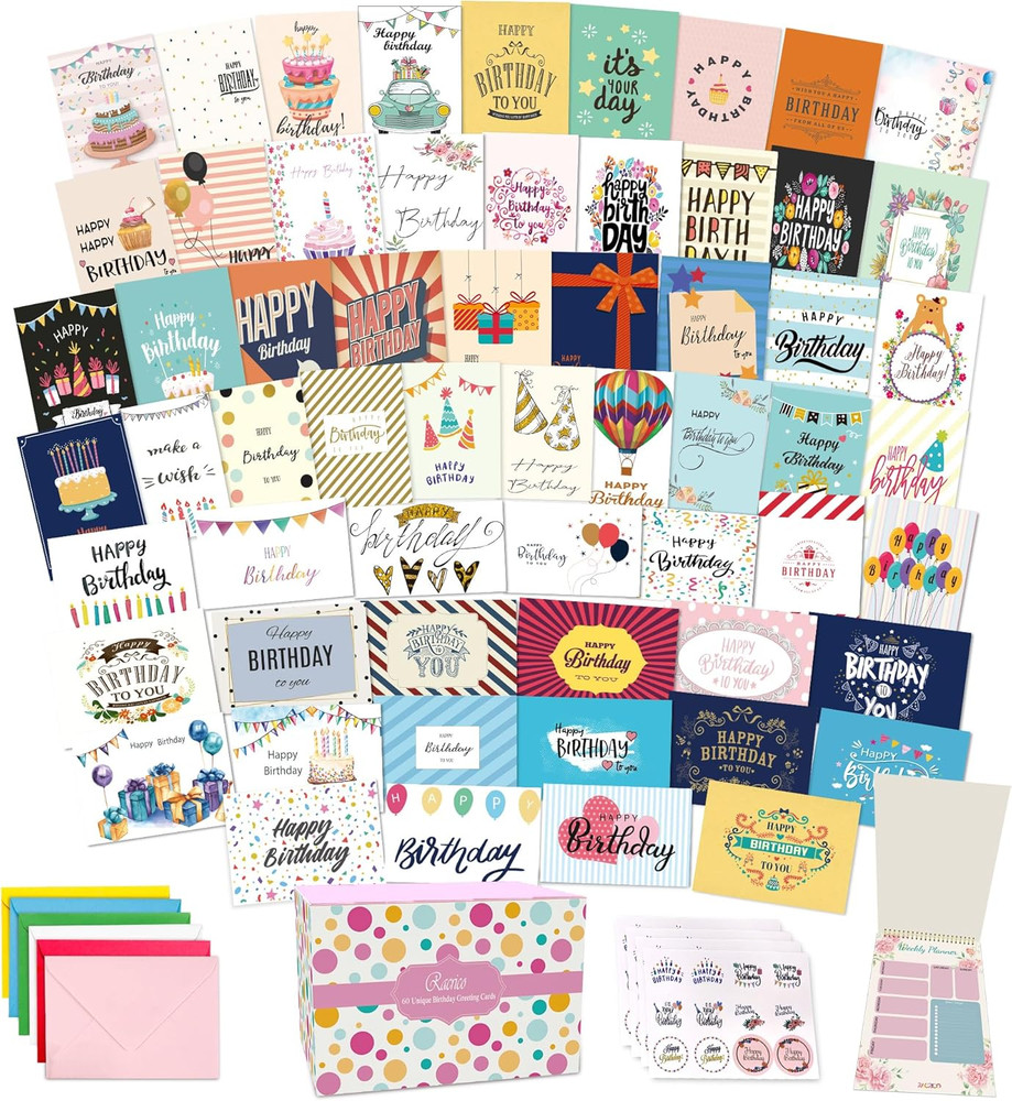 60 Unique Birthday Cards - Assorted Happy Birthday Cards, 5 x 7 inches, With Mes