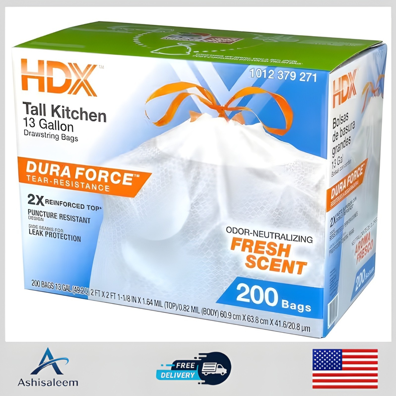 13 Gallon Reinforced Top Drawstring Fresh Scented Tall Kitchen Trash Bags with 2 gallery