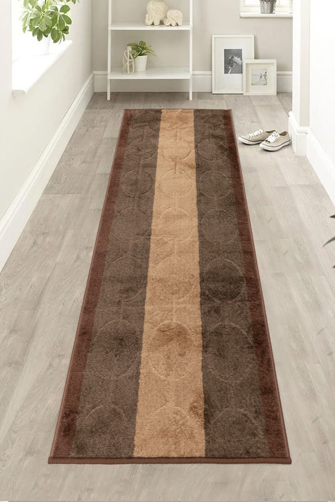 Custom Size Circle Design Brown Washable Runner Rug 26"/30"/36" Wide gallery