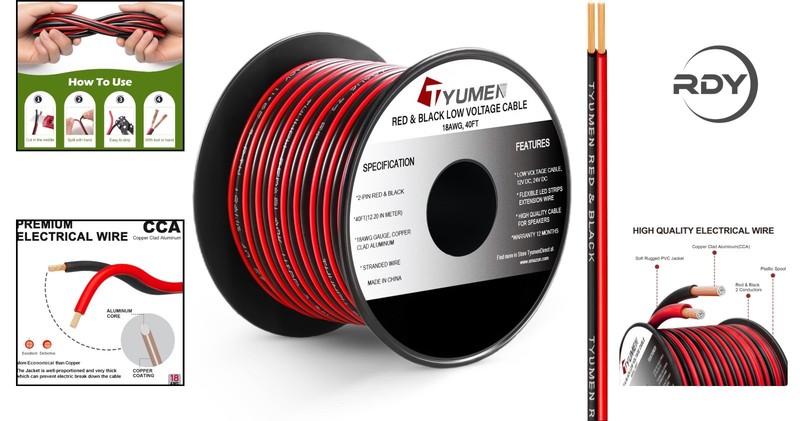40FT 18 Gauge LED Strip Connection Wire - Water-Resistant Red & Black PVC Cable gallery