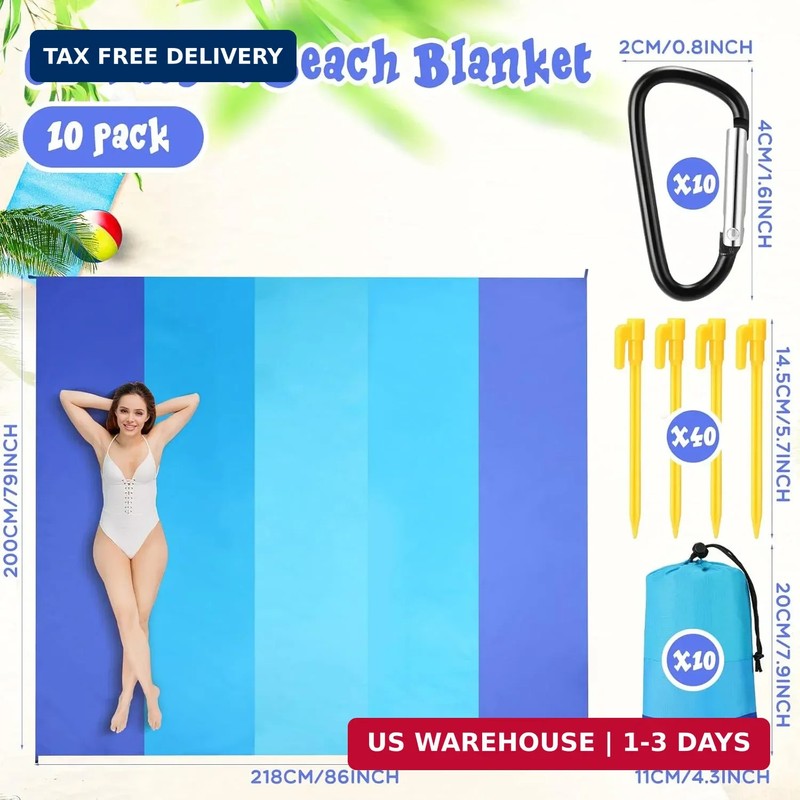 Weysat 10 Sets Beach Blankets Bulk Sandproof 78 x 82'' Large Waterproof Picnic B gallery