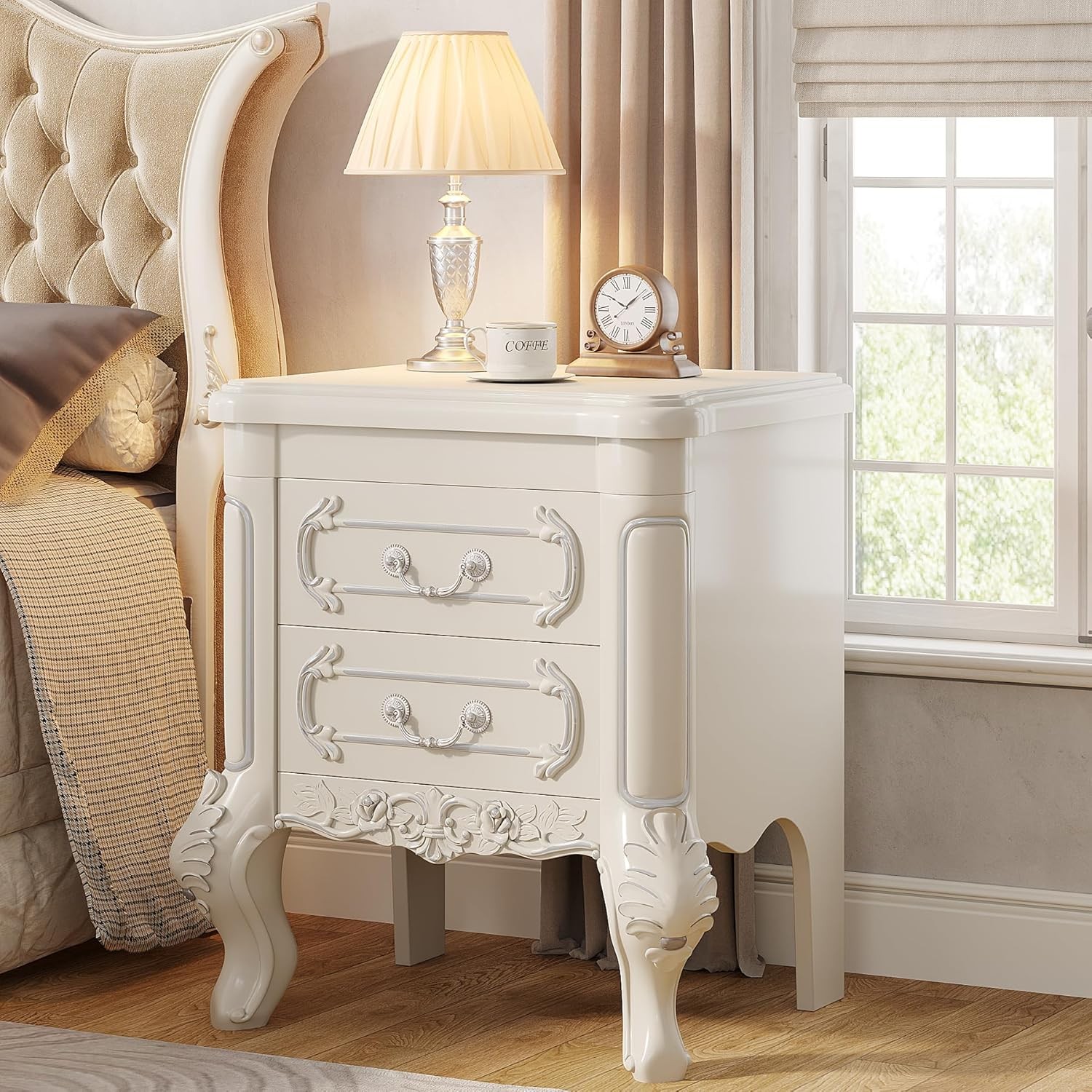 Classic Nightstand, End Table with 2 Drawers, Carved Bedside Tables, Side Table gallery