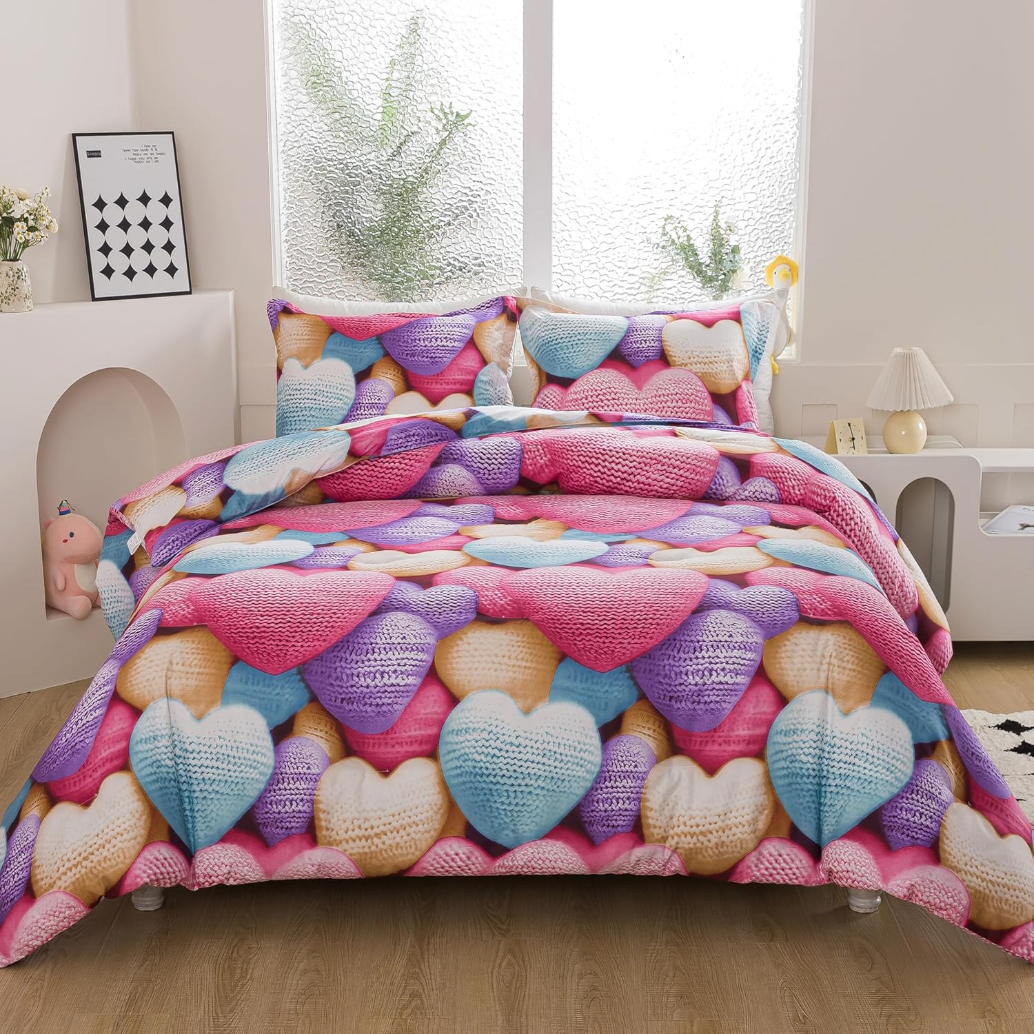 Heart Print Comforter Set Queen Size, Stereoscopic 5D Lovely Teens Romantic Comf gallery