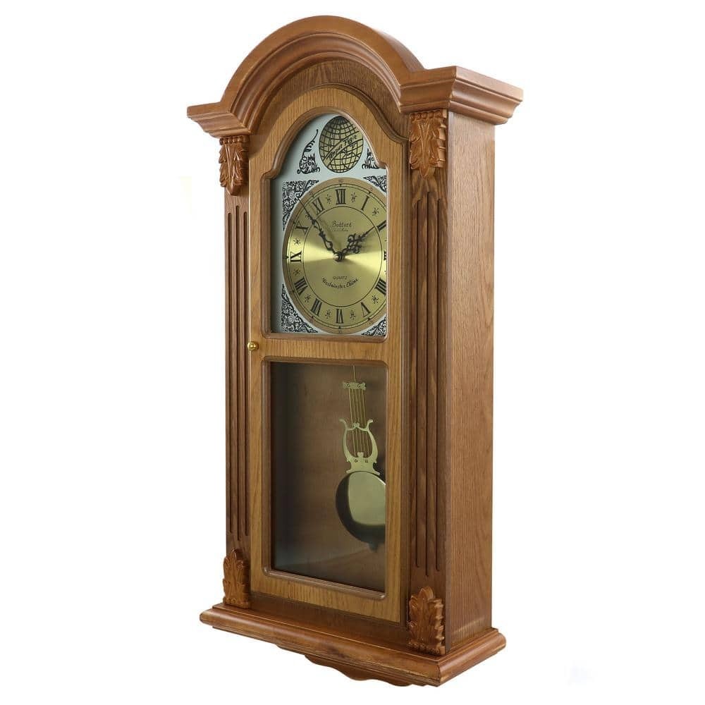 Bedford Clock Collection Wall Clock Honey Oak Chiming Pendulum Roman Numeral gallery