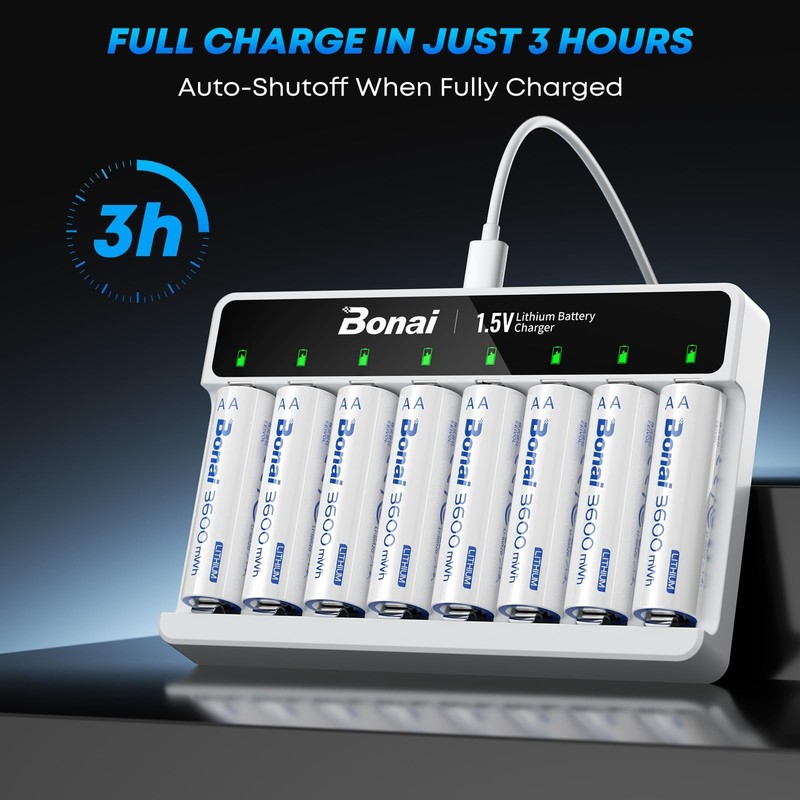 BONAI Rechargeable Lithium AA Batteries with Charger, 1.5V 3600 mWh AA Batter... gallery