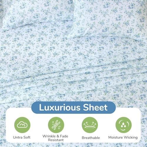Queen Size 4 Piece Sheet Set, Soft Queen (60"×80") 01 - Blossoms Light Blue gallery