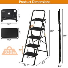 4 Step Ladder w/Tool Tray Folding Step Stool w/ Wide Non-Slip Pedal 330lbs Black