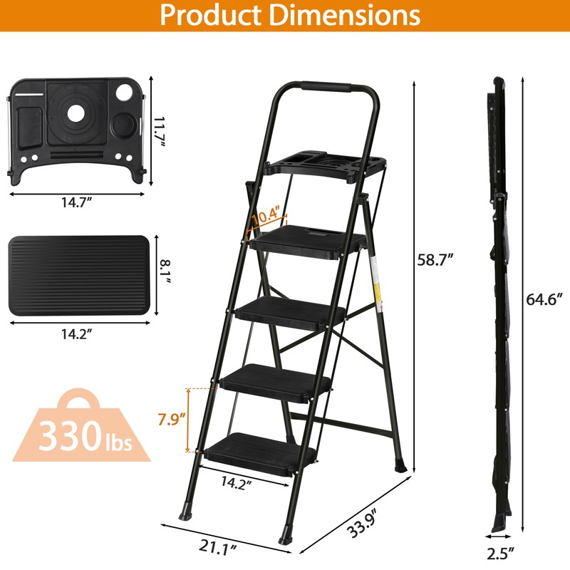 4 Step Ladder with Tool Platform Anti-Slip Sturdy & Wide Pedal Stool 330lb Black gallery