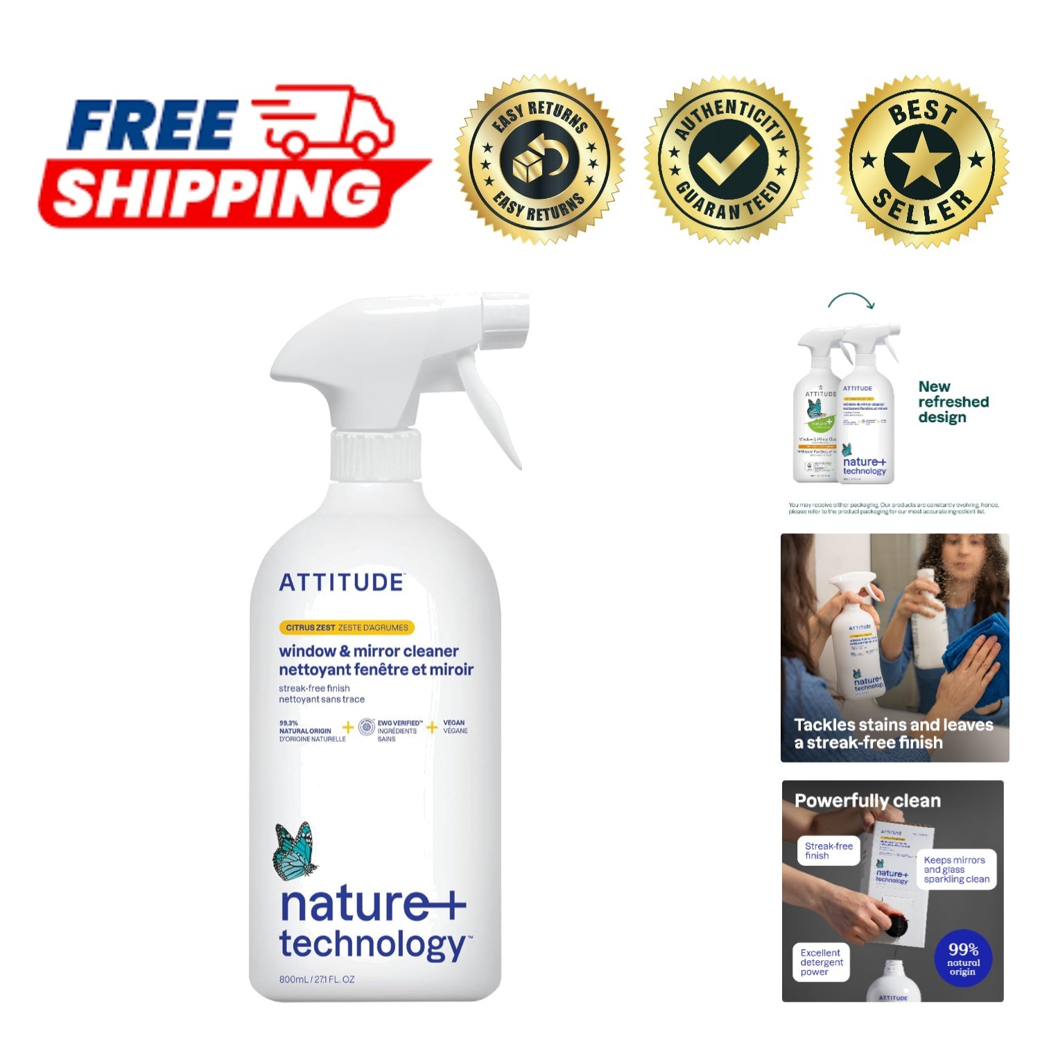 Plant-Based Streak-Free Window Cleaner - Eco-Friendly & Citrus Scent, 27.1 Fl Oz gallery