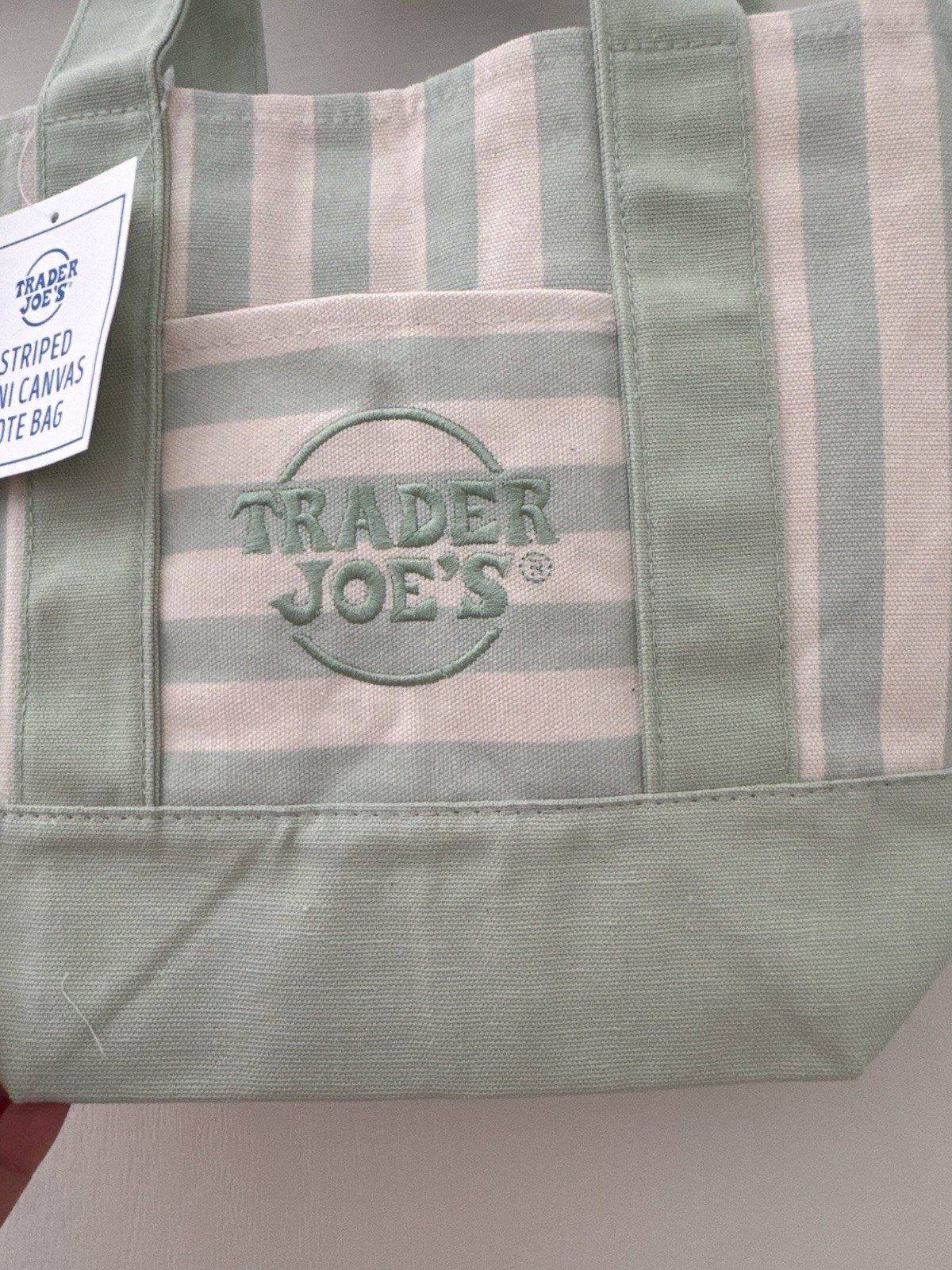 Trader Joe's Striped Mini Canvas Tote Bag, Reusable, Patel Green/White gallery