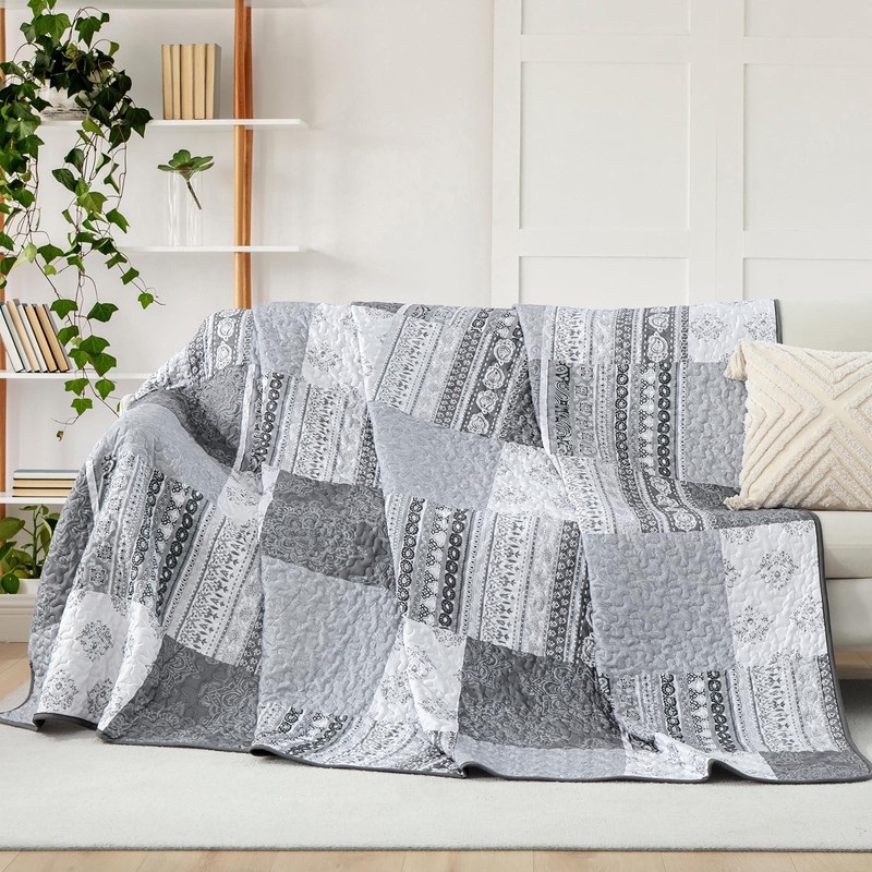 Grey Quilt Set Queen Size Boho Patchwork Bedspread Coverlet 3 Pieces, Bohemia... gallery