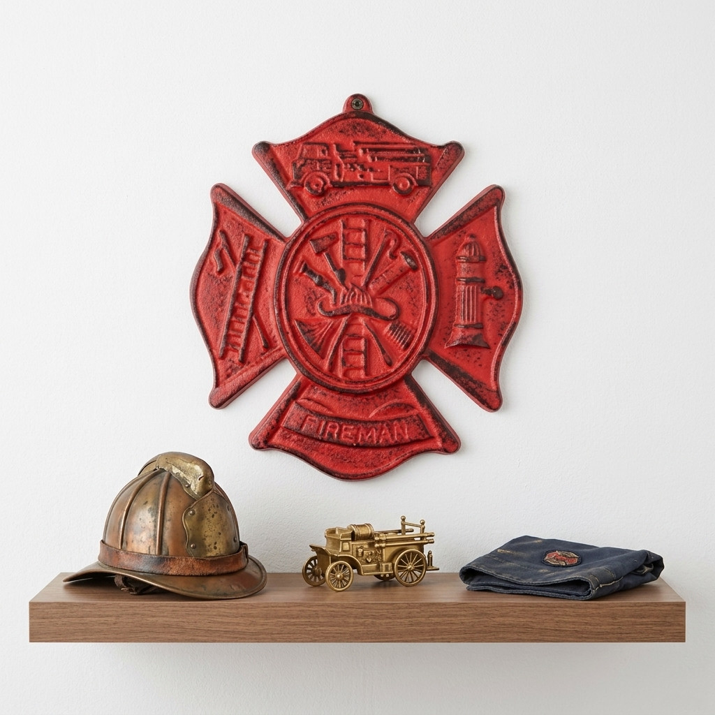 Cast Iron Red Fireman Firefighter Wall Decor Emblem Logo Plaque Maltese Cross gallery