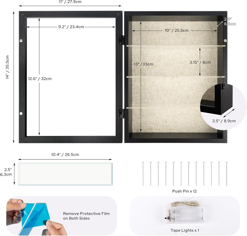 11x14 Shadow Box Display Cases Frame with Removable Clear Shelves Glass Door gallery