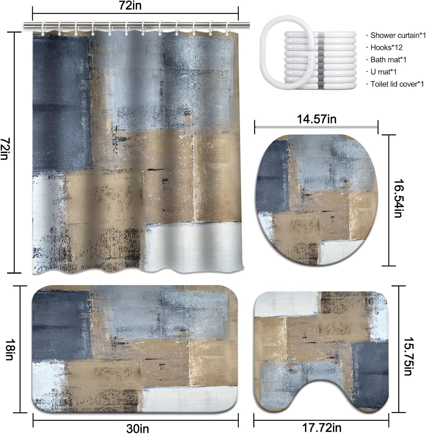 4Pcs Bathroom Shower Curtain Sets with Rugs,Brown and Blue Painting Art Bathroom gallery