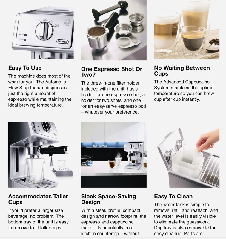 DeLonghi ECP3630 Manual Espresso Machine Cappuccino Maker Silver Stainless Steel gallery