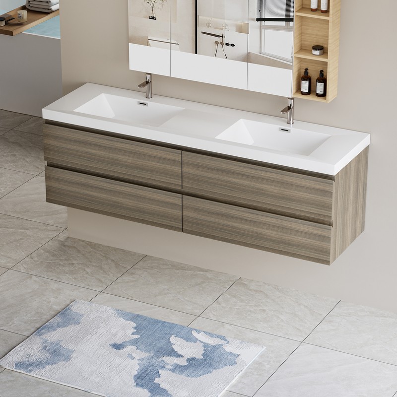 72 in Floating Wall-Mounted Bathroom Vanity W/ Resin Double Sink 4 Drawers Gray gallery