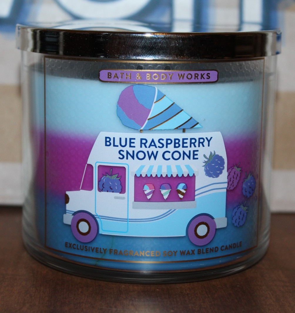BATH & BODY WORKS 3 WICK CANDLE BLUE RASPBERRY SNOW CONE SCENT New! gallery