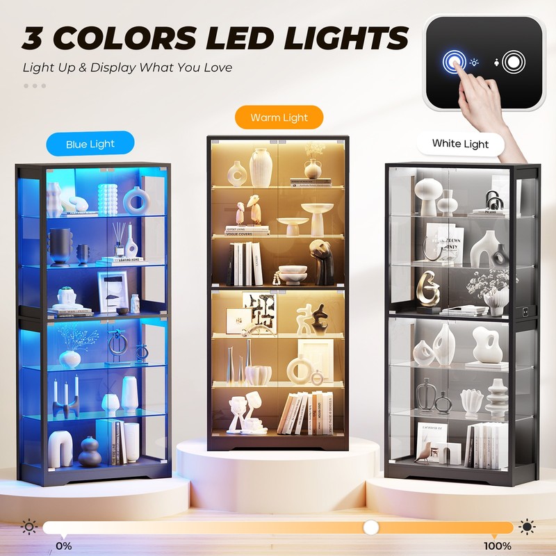 BROTTAR 6-Tier Adjustable Glass Display Cabinet with Doors & 3-Color LED Lights gallery