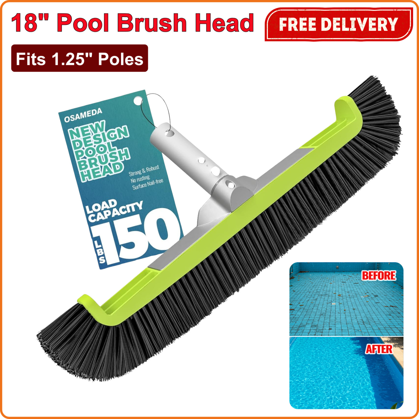 18" Pool Brush Head for Cleaning Swimming Pool Walls Curved Ends High-Efficiency gallery