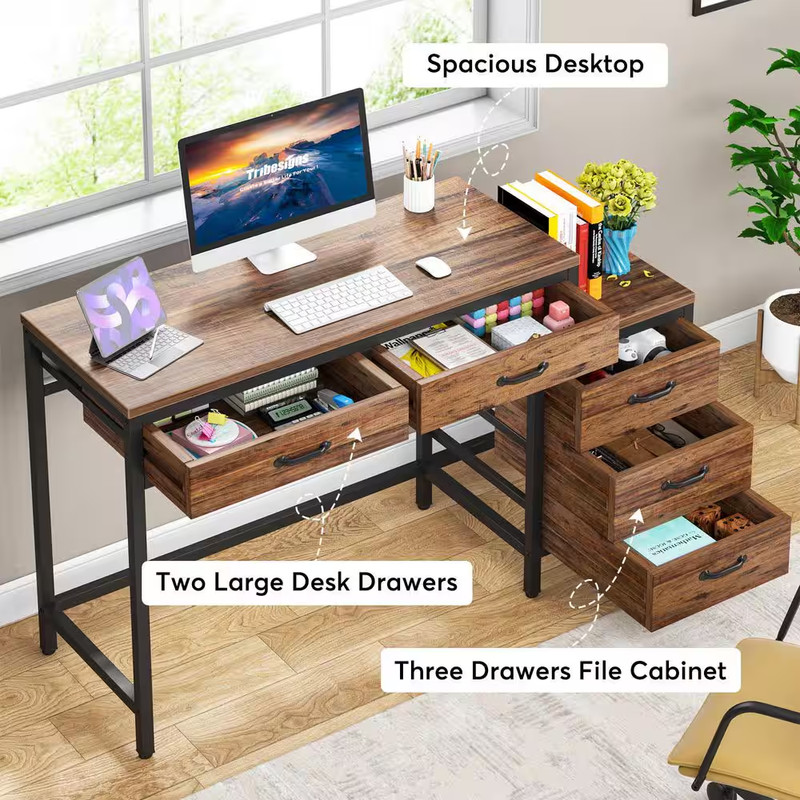 51 In. Rustic Brown Rectangle 5-Drawer Computer Desk, Industrial Desk with Rever gallery