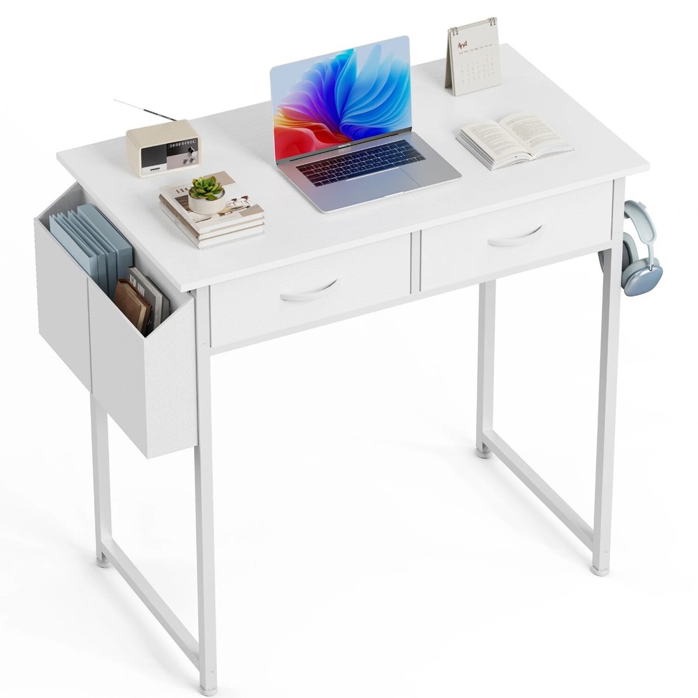 Computer Desk with 2 Fabric Drawers & Side Bags 32in Small Home Office Table