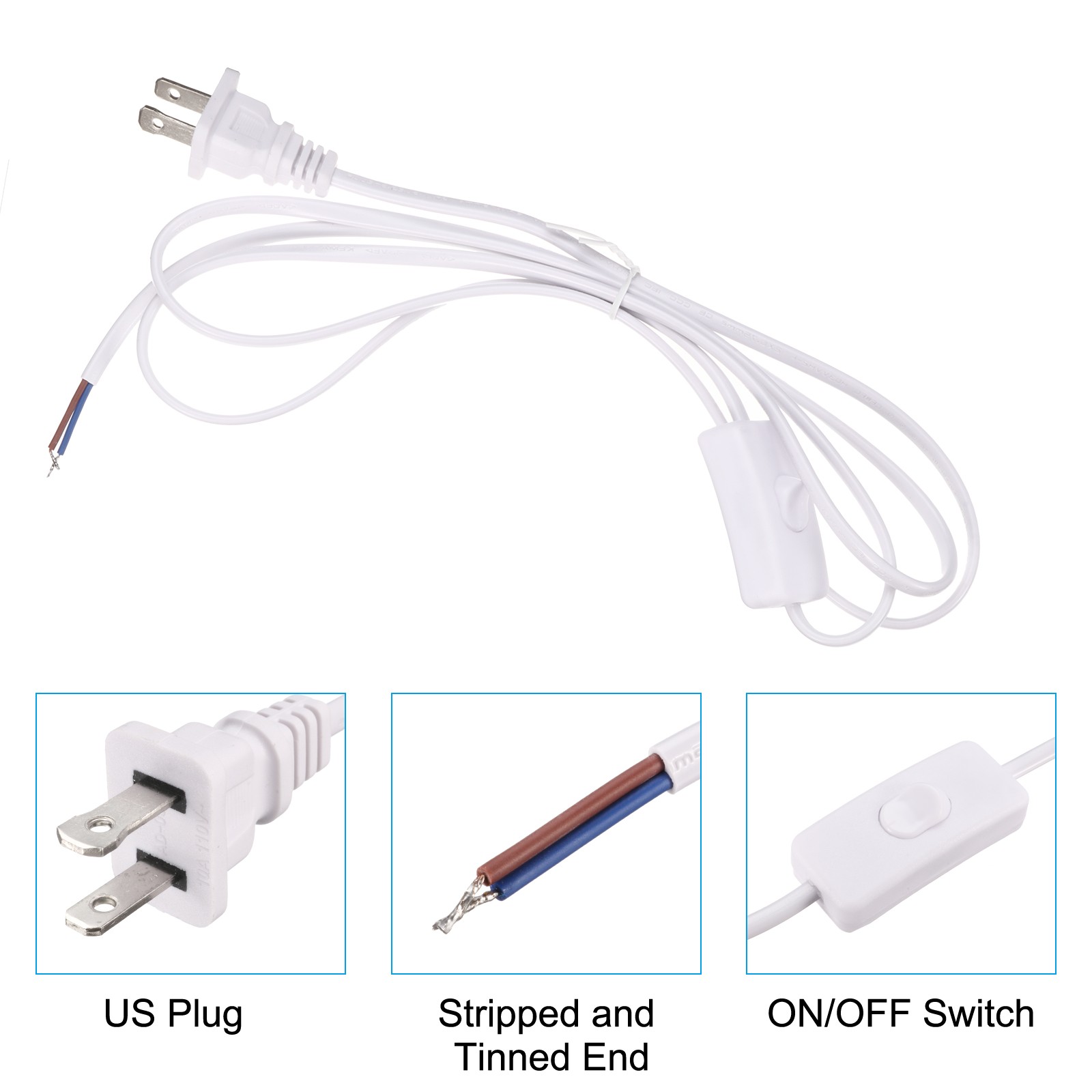 2Pcs 6FT 18/2 US Plug Lamp Cords with Switch Pure Copper Stripped End White gallery