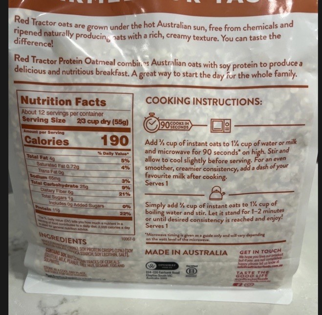 Red Tractor Protein Creamy Style Oatmeal High Fiber 11g Protein 24oz Ex 05/2027 gallery
