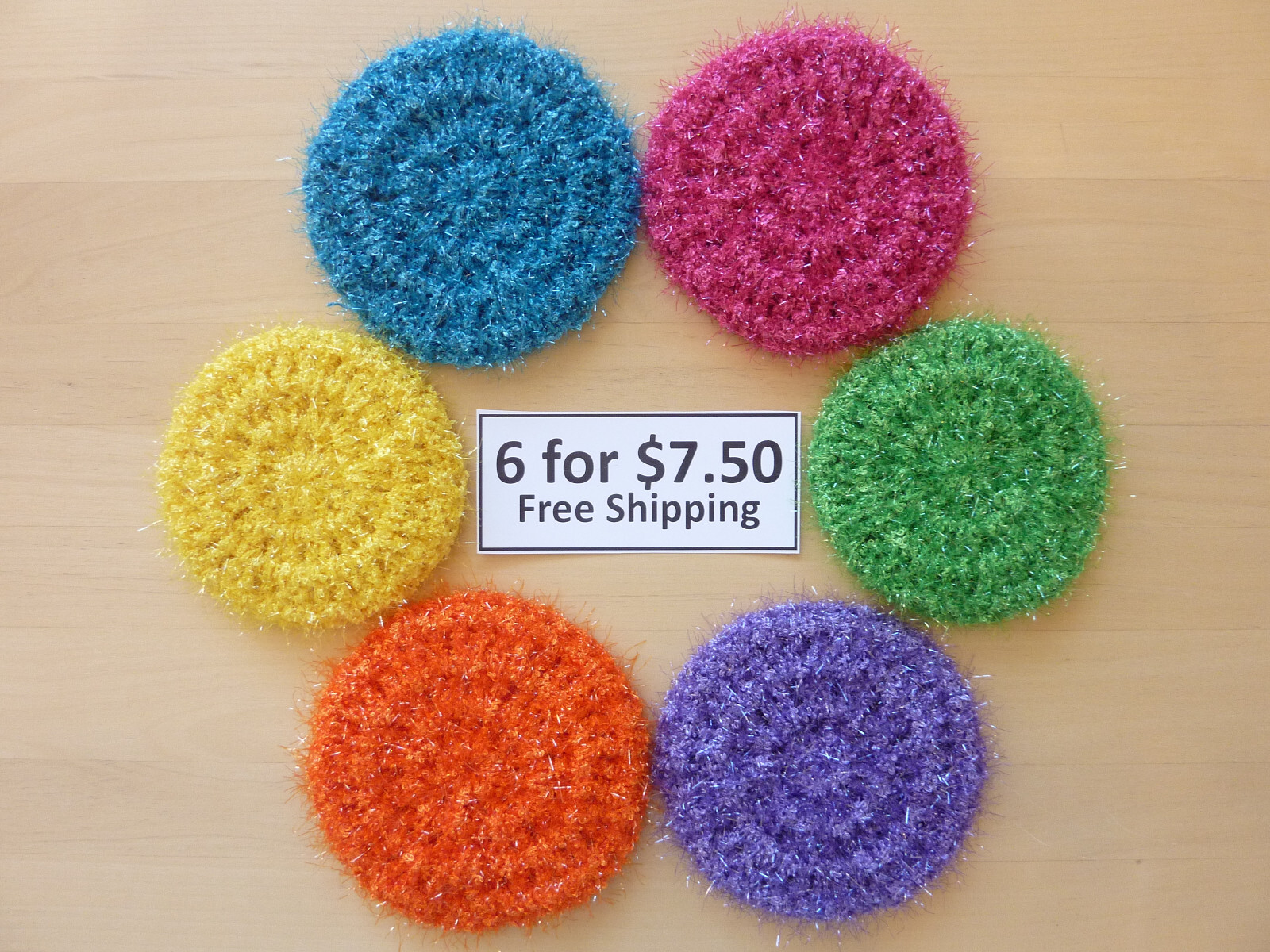 6 Rough Round Multicolor Dish Pot Scrubbers Scrubby Scrubbies Handmade 92 gallery