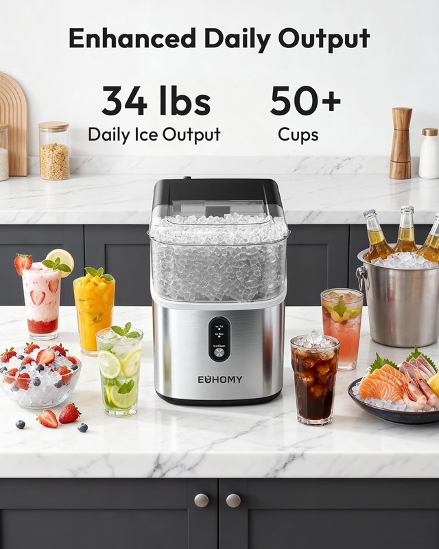 EUHOMY Nugget Ice Maker Countertop, Ready in 7 Mins, 34Lbs/24H Pebble Ice Maker gallery