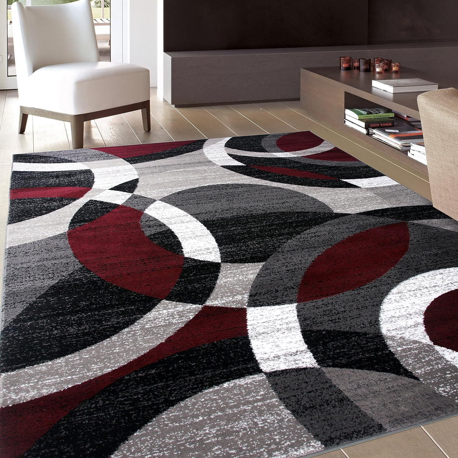 Red Modern Geometric Indoor Area Rug, Overlapping Circle Pattern, Fade Resistant gallery