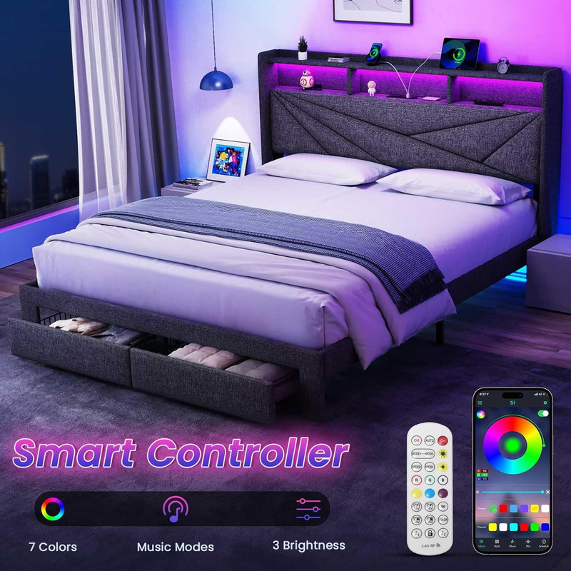 LED Queen Bed Frame with Storage Drawers, Upholstered & Easy Assembly - Grey gallery