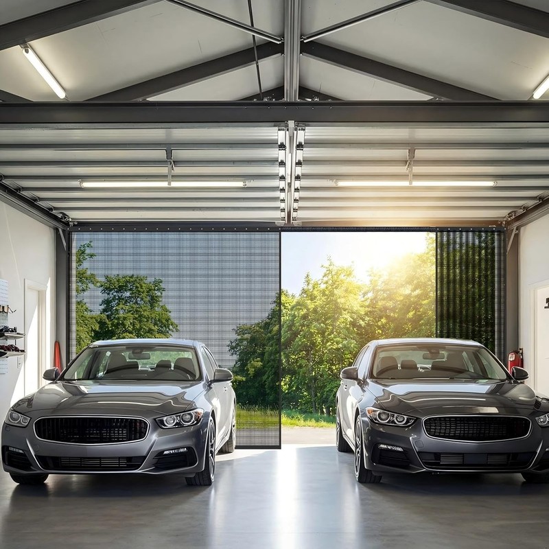 Sliding Garage Door Screen Retractable 2 Car with Track Closure 16 X 7 Ft Black gallery