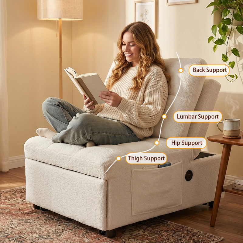 Modern Single Sleeper Sofa Bed with USB Port Armless Adjustable Backrest White gallery
