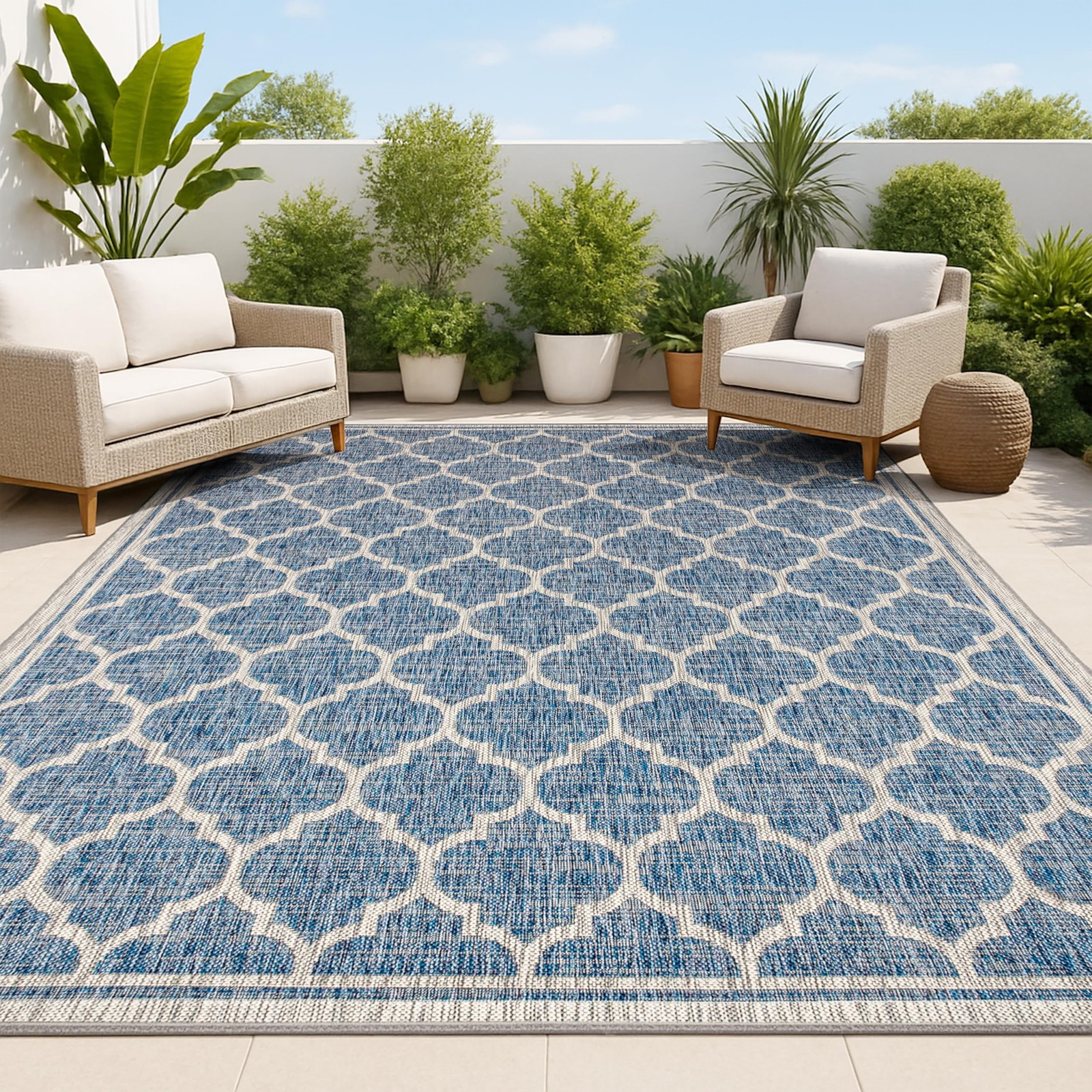 Moroccan Trellis Indoor Outdoor Area Rug 5X8 Navy/Gray, Trebol Textured Weave... gallery