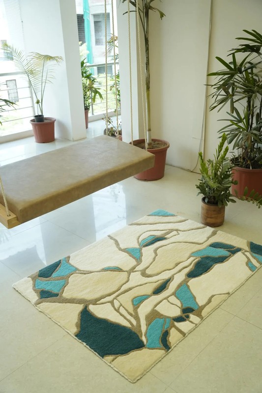 Hand Tufted Abstract Handmade Wool Rug Modern Area Rug in Ivory & Teal Carpet. gallery