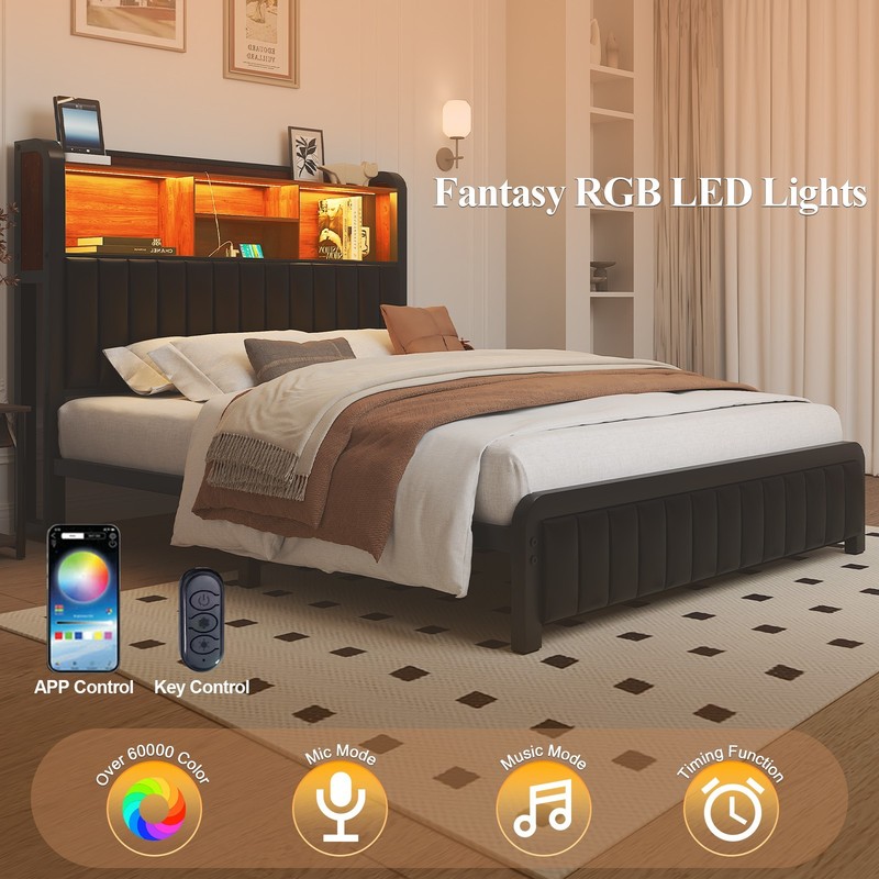 E-Motie Full/Queen LED Bed Frame with Storage Headboard and Charging Station gallery