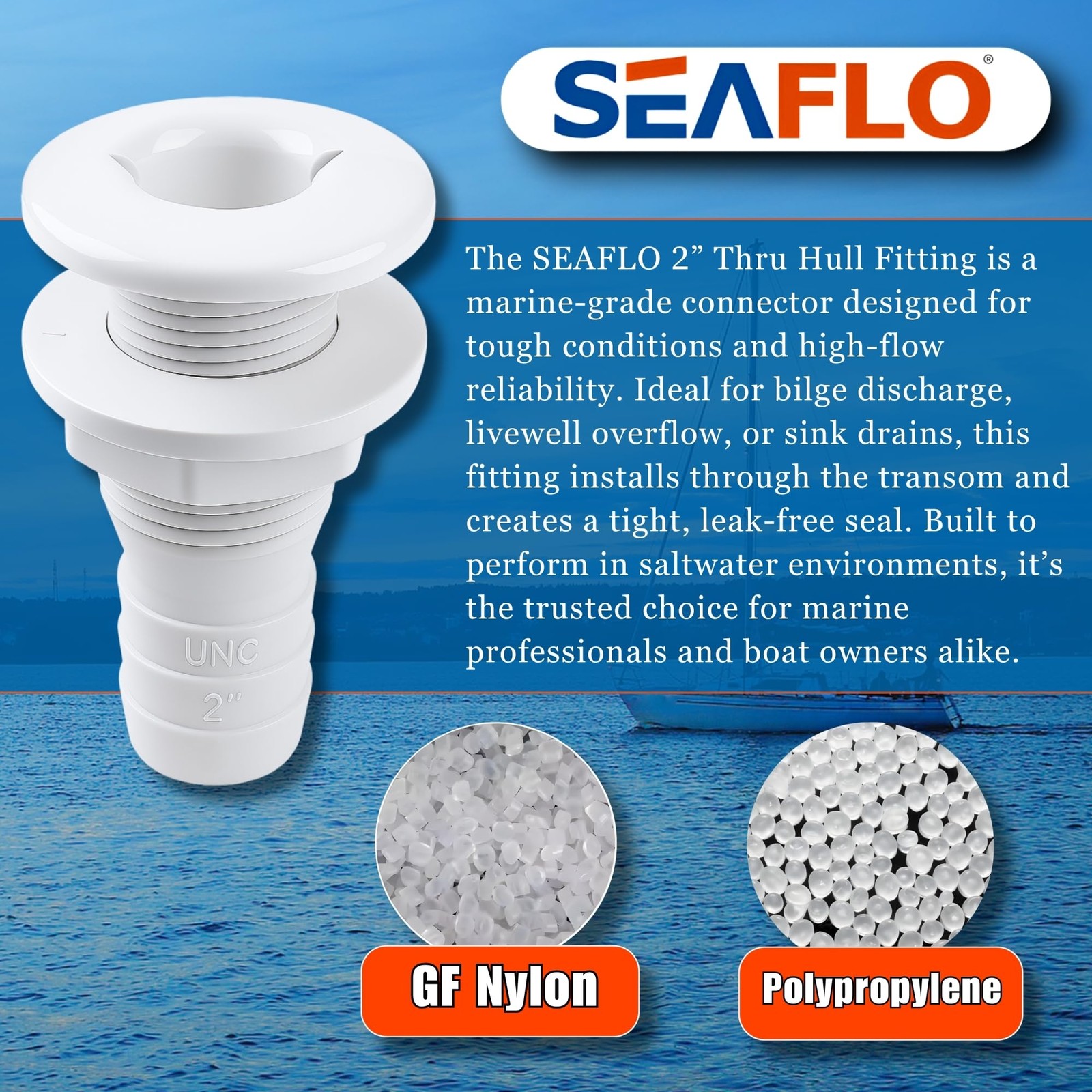 2” Thru Hull Fitting Marine Boat, Polypropylene, Plastic Drain Overflow Conne... gallery