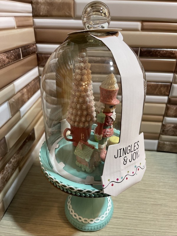 Nutcracker Cloche Dome Stand Decor Gingerbread Peppermint Tree Macaroons 12.5" gallery