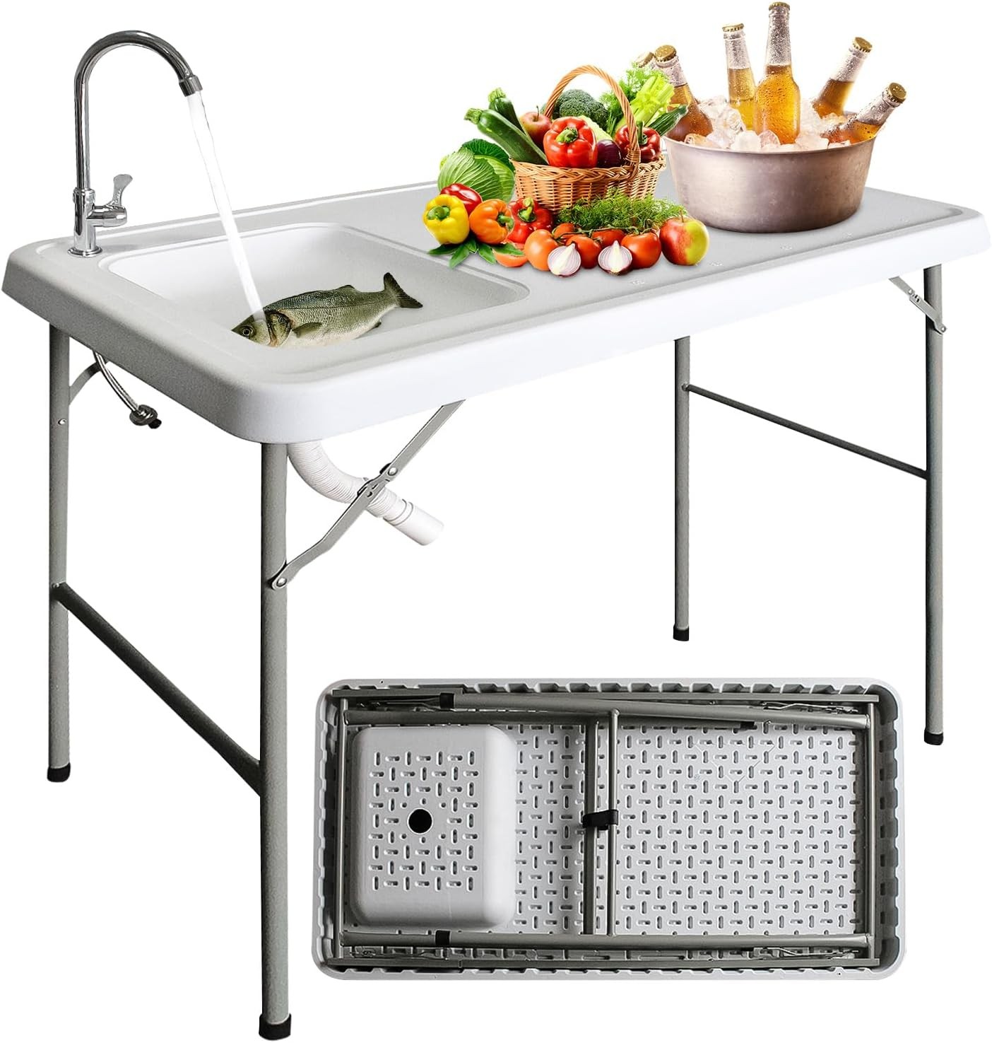Portable Fish Cleaning Table with Sink C 42.5" Folding Camping Sink Station,Heav gallery