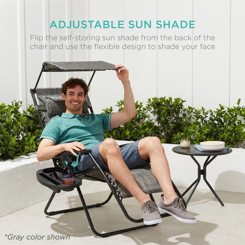 BCP Folding Zero Gravity Recliner Patio Lounge Chair w/ Canopy, Side Tray gallery