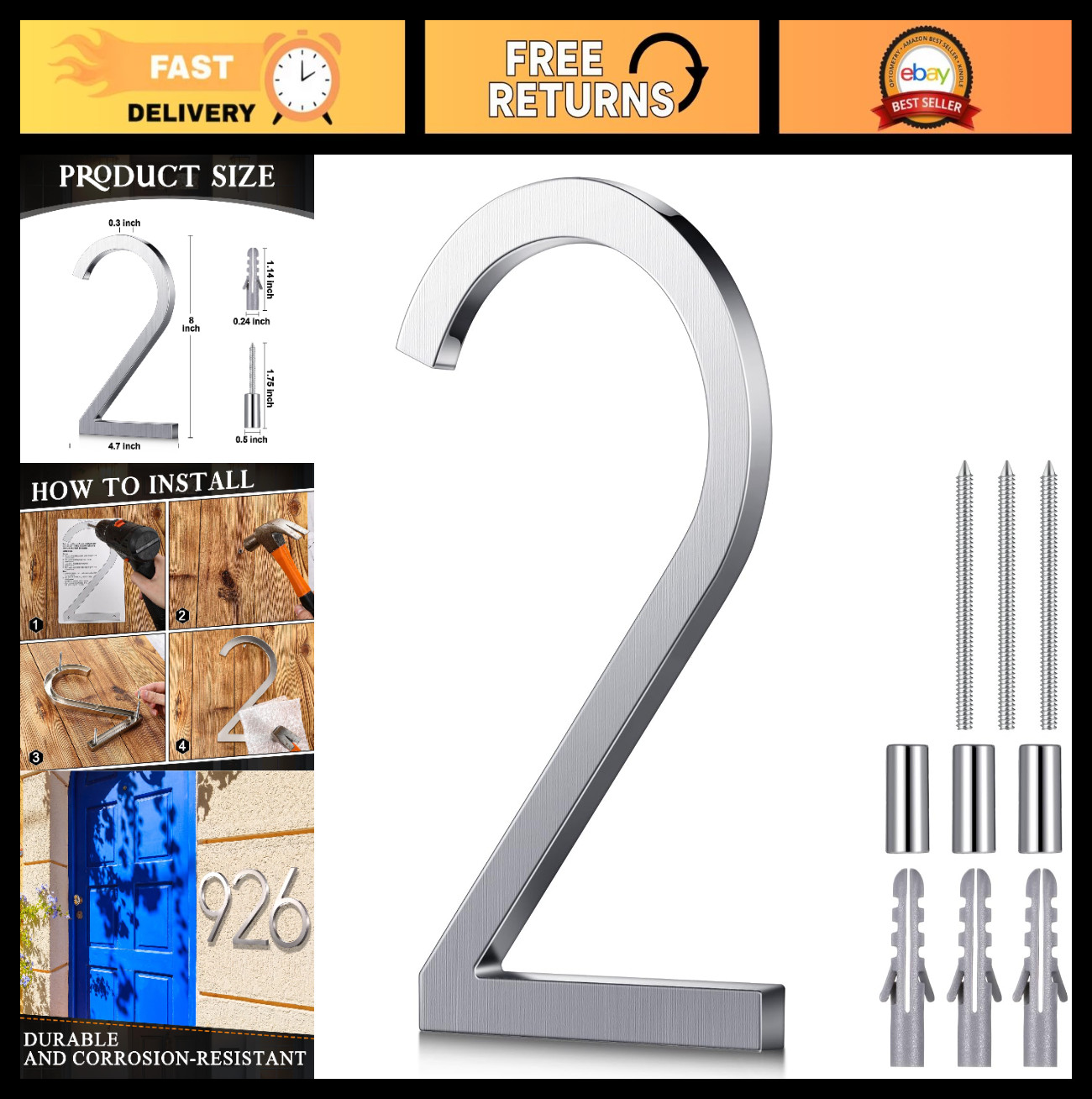 8" Stainless Steel Floating House Number 0-9, Modern High Gloss Silver, Outdoor gallery