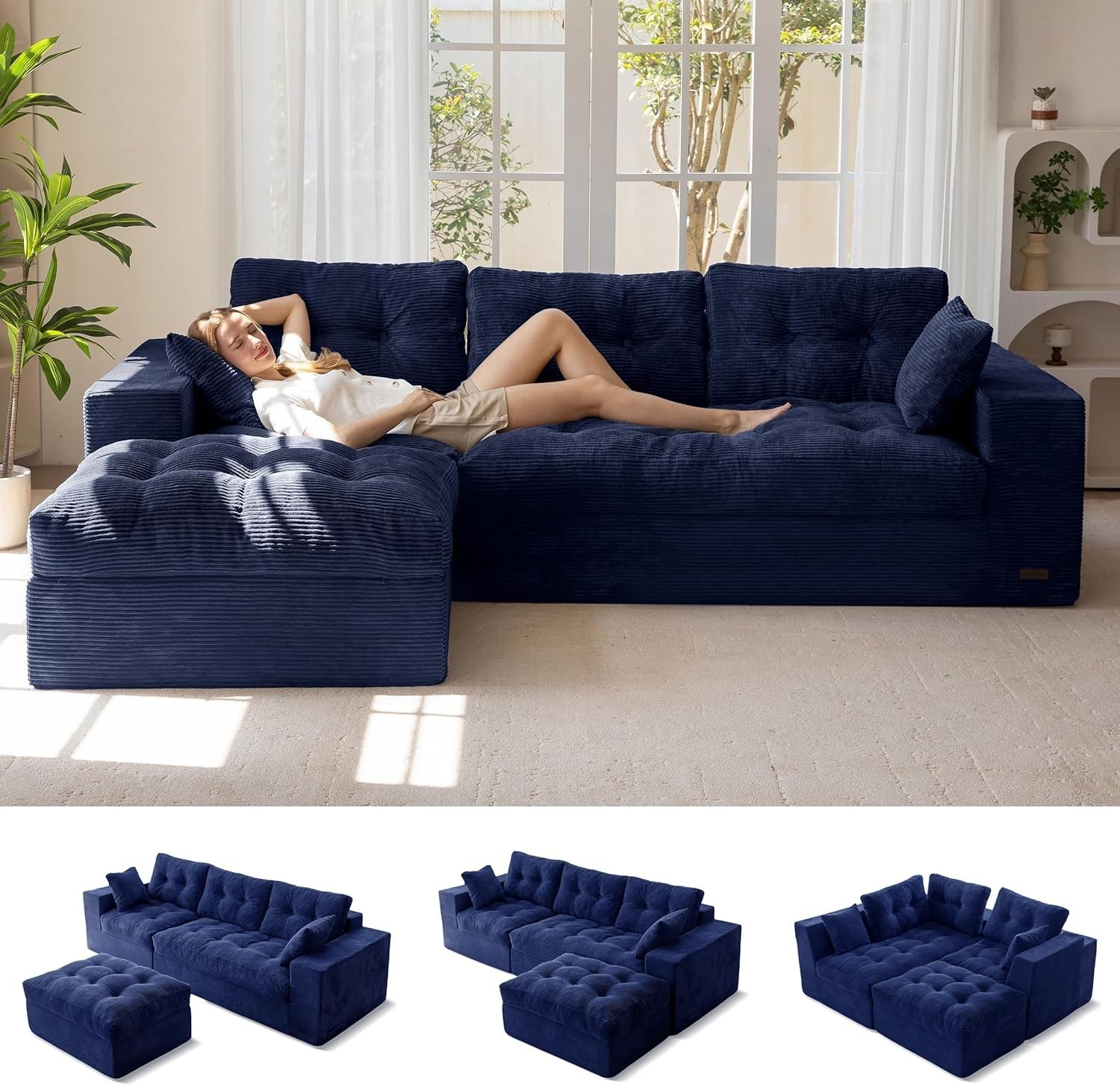 Modular Sectional Sofa with Ottoman Dark Gray Corduroy Tufted Modern Low Profile gallery