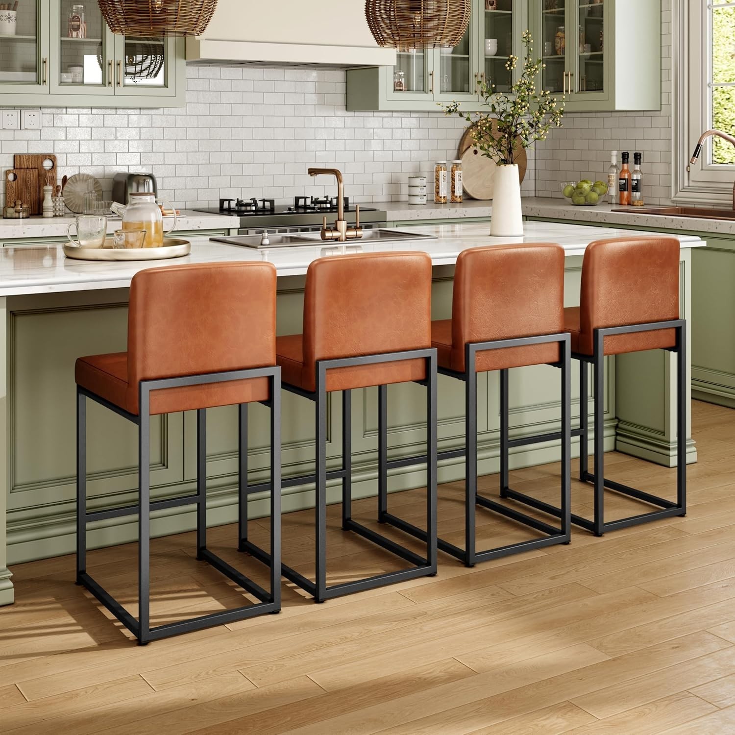 Set of 4 Leather Bar Stools Counter Height Kitchen Stools with Back Support 24" gallery