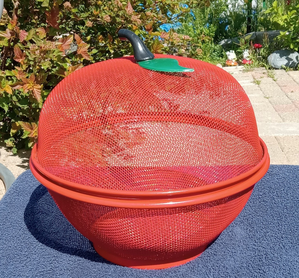 Apple-Shaped Plastic Mesh Fruit Basket w/ Lid, Free Standing, Large 9in Red