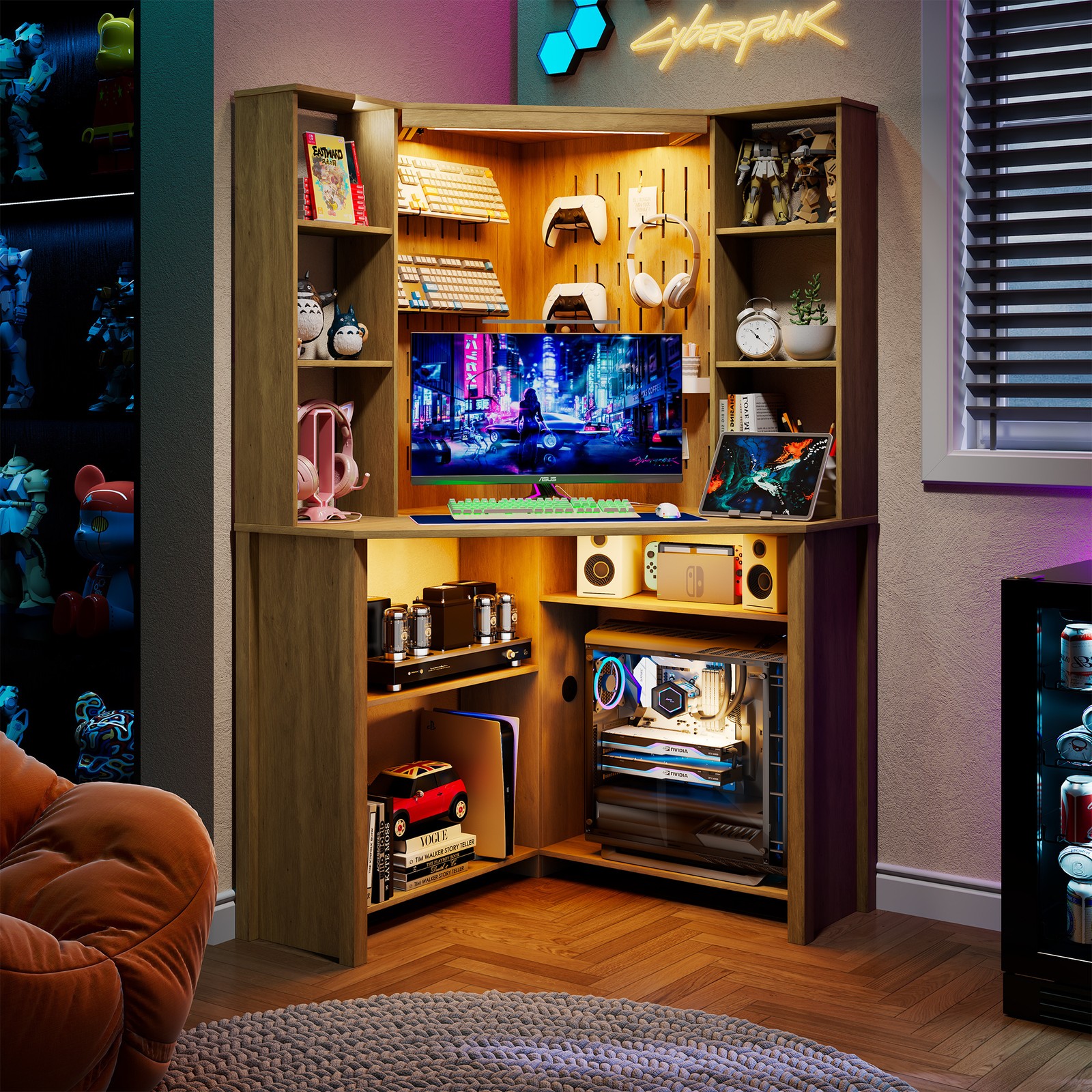 Home Office Desk with Pull-Out LED, Corner Desk with Power Outlet and 10 Shelves gallery